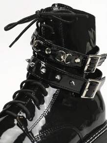 女冬季高跟粗跟黑色繫帶靴及踝短靴 - 黑色 - 查看 5