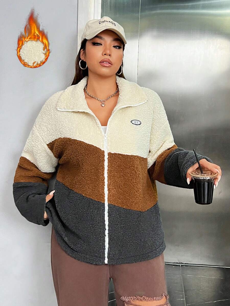 SHEIN EZwear Kích thước lớn Khối màu Teddy Lông cừu Áo khoác - Nhiều màu - Xem 1