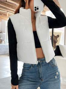SHEIN EZwear Dây kéo Áo gi lê Lông vũ - trắng - Xem 4