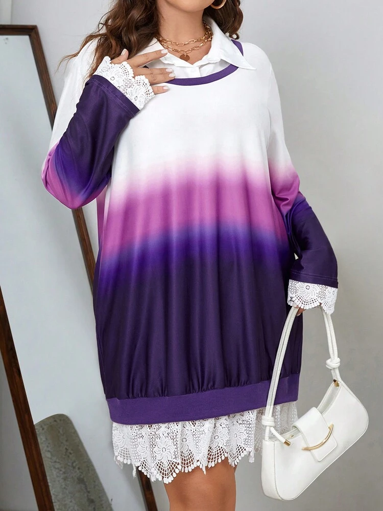 Plus Size Gradient Lace Spliced 2 In 1 Sweatshirt Dress Pullover Fall Outfit
