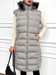 RueChic Zipper Front Stand Collar Padded Vest Style Jacket - Light Grey - View 3