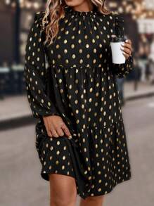SHEIN Clasi Của phụ nữ Kích thước lớn Tay áo lồng đèn Đầm Với In chấm vàng - màu đen - Xem 5