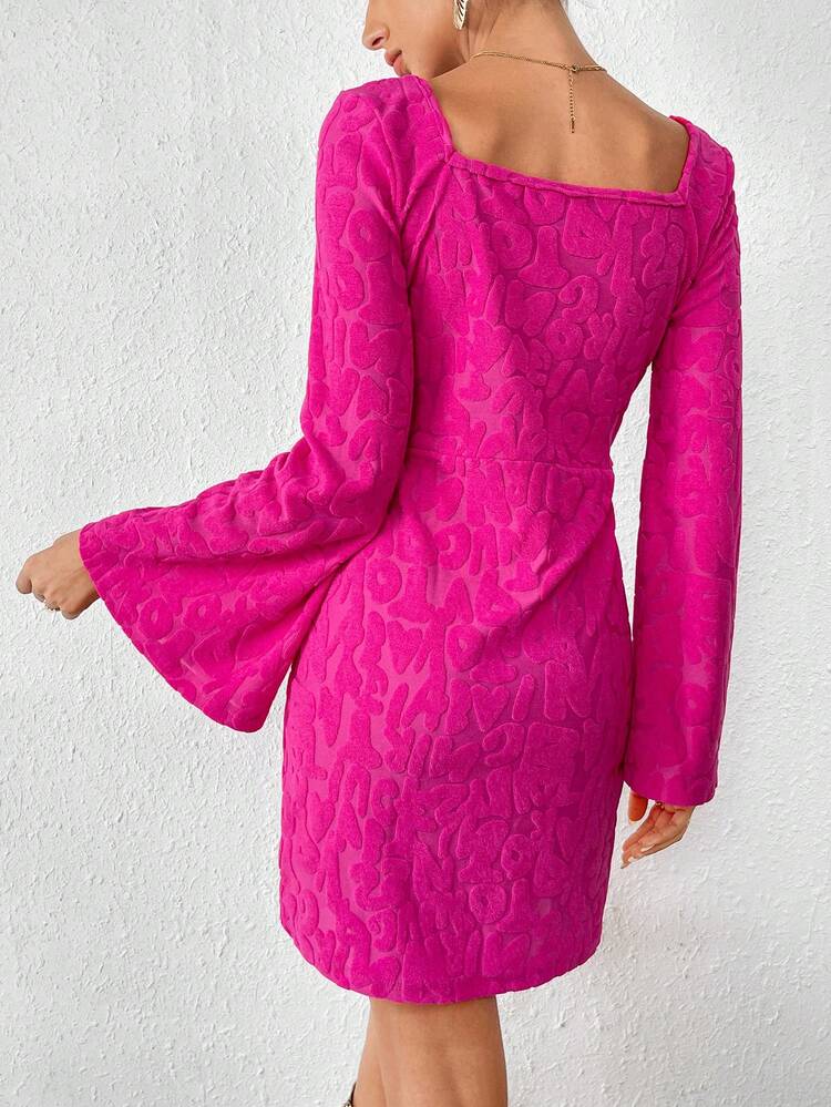 Women's A-line Dress With Lantern Sleeves, Embossed Letter Detail And Sweetheart Neck