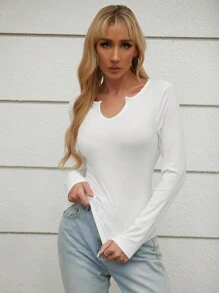 SHEIN Essnce 女士修身剪裁凸起領t恤 - 白色 - 查看 4