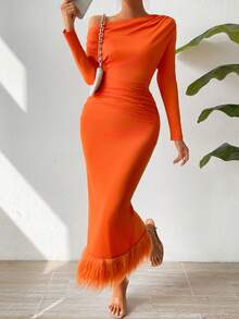 SHEIN Privé 女士不對稱領拼布毛皮下擺連身裙 - 橘色 - 查看 3