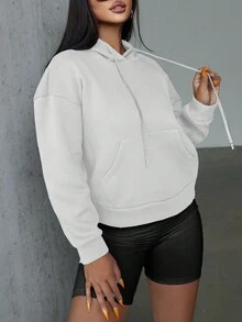 SHEIN PETITE Quý cô Áo nỉ có mũ Với In thư - trắng - Xem 5