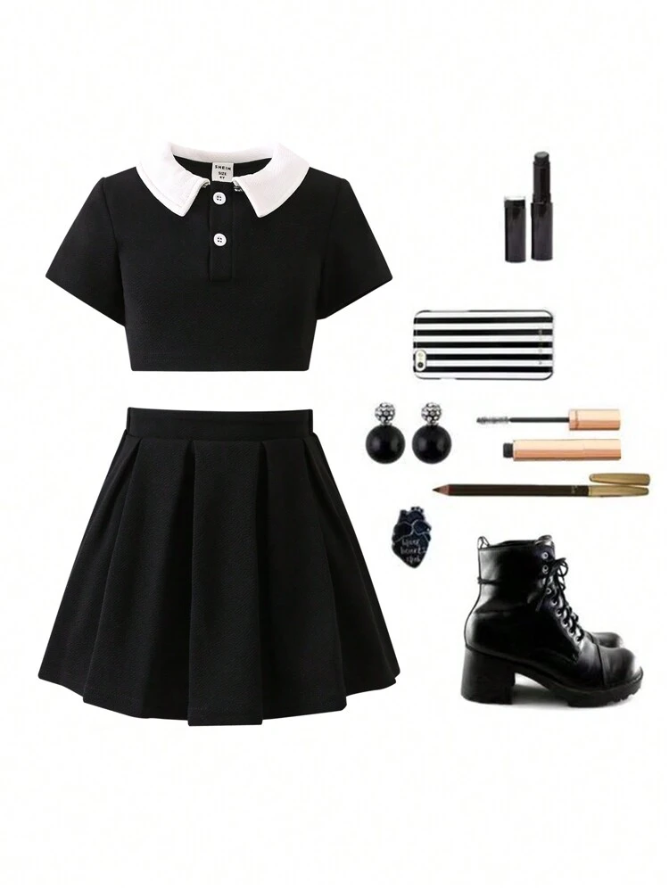 Toddler Girls' Ladylike Collared Short Sleeve Top + Pleated Skirt 2pcs/set