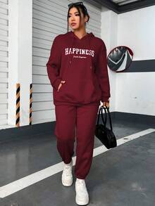 Flirla Hơn Đồ họa Chữ cái Túi kangaroo Lót nhiệt Dây rút Áo Hoodie & Quần thể thao - Màu Đỏ Sâu - Xem 6
