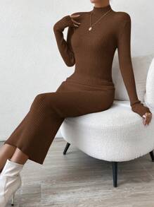 SHEIN Privé 純色立領修身針織毛衣裙 - 棕色 - 查看 3