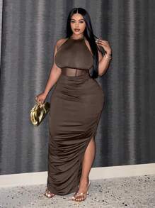 Slaydiva 女士無袖純色極簡網紗連衣裙 - 棕色 - 查看 1