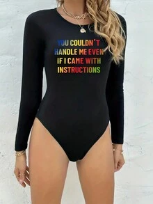 SHEIN LUNE Letter Printed Bodysuit - Black - View 4