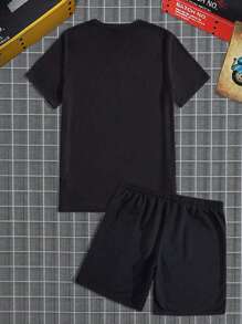 Manfinity Homme 男士休闲字母印花短袖T恤和短裤套装，外出运动服，男友礼物 - 黑色 - 查看 6