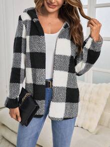 SHEIN LUNE Hoa văn kẻ sọc áo có mũ Áo khoác Teddy - màu đen - Xem 1