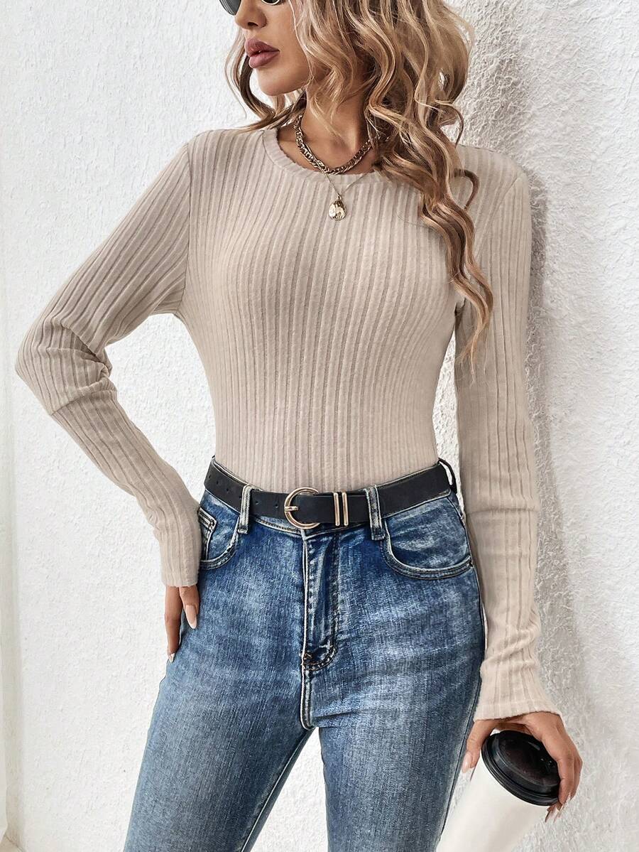 SHEIN LUNE Quý cô Màu thuần Sọc Áo thun - Màu Khaki - Xem 1