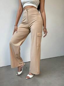 SHEIN Unity Women's Drawstring Waist & Patch Pocket Straight Pants, Long - Apricot - View 1