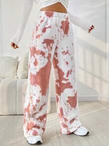 SHEIN EZwear Tie Dye Wide Leg Teddy Pants - Pink - View 4