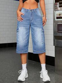 SHEIN ICON 女式側翻口袋牛仔褲膝蓋褲 - 淺色水洗藍 - 查看 3