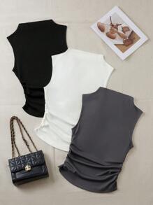 SHEIN LUNE Women's Solid Color Sleeveless Tank Top For Summer Three Pieces - Multicolor - View 3