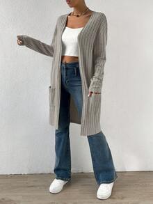 SHEIN Essnce 有貼袋的實色細肋長外套 - 杏色 - 查看 5