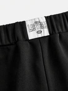 SHEIN Teen Girl Knitted Stretchy Wide Leg Sports Pants With Real Pocket And Logo - Black - View 4