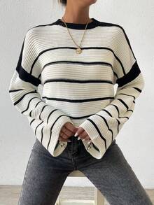 Chiquease Của phụ nữ Sọc Thả vai Lỏng lẻo Áo len - Đen và trắng - Xem 3