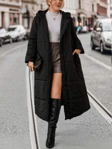 SHEIN LUNE 加双口袋连帽长款加厚棉服外套，适合冬季服装 - 黑色 - 查看 8