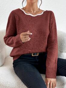 SHEIN Frenchy 撞色飾邊蝴蝶結背毛衣 - 酒紅色 - 查看 2
