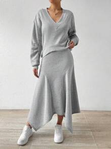 Chiquease V-Neck Folds Drop Shoulder Fleece Sweatshirt And Asymmetric Hem Skirt Autumn And Winter Two-Piece Set Fall Cloth For Women - Light Grey - View 5