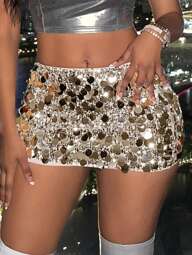 Slaydiva Damen funkelnder Mini-Rock, Damen Party, sexy Applikationen, kontrastierendes Pailletten, Reißverschluss Mini Regular Fit Drop Taille goldfarbenes Blumenmuster, einfarbiger Damen Rock, Frühling/Sommer, Party/Nachtclub Outfits