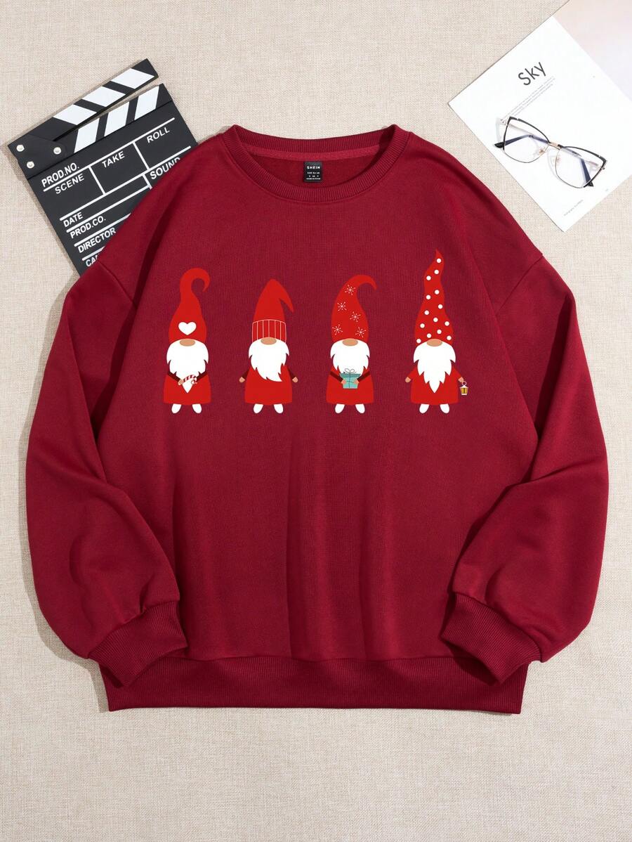 SHEIN Qutie Christmas Print Drop Shoulder Sweatshirt - Burgundy - View 1