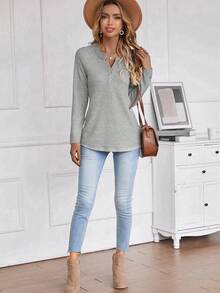 EMERY ROSE Của phụ nữ Màu thuần Raglan Tay áo dài Áo thun Với nút Chi tiết - Màu Xám nhạt - Xem 3