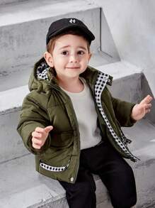 SHEIN 男宝宝中性款绿色休闲连帽棉服外套 - 彩色 - 查看 3