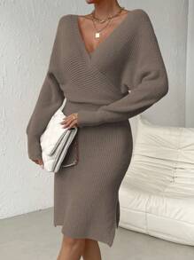 SHEIN Privé 女士交叉前緊身毛衣連衣裙 - 卡其色 - 查看 7