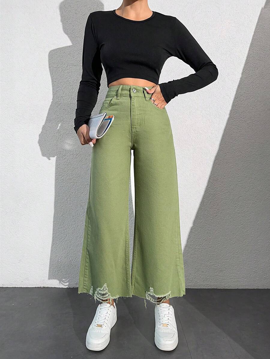 SHEIN Cottnline 寬腳牛仔褲,原料邊後腳跟處無加工處理 - 卡其色 - 查看 1