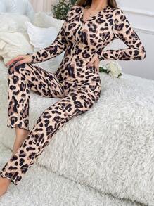 豹纹荷叶边睡衣连体衣，秋冬款 - 彩色 - 查看 6