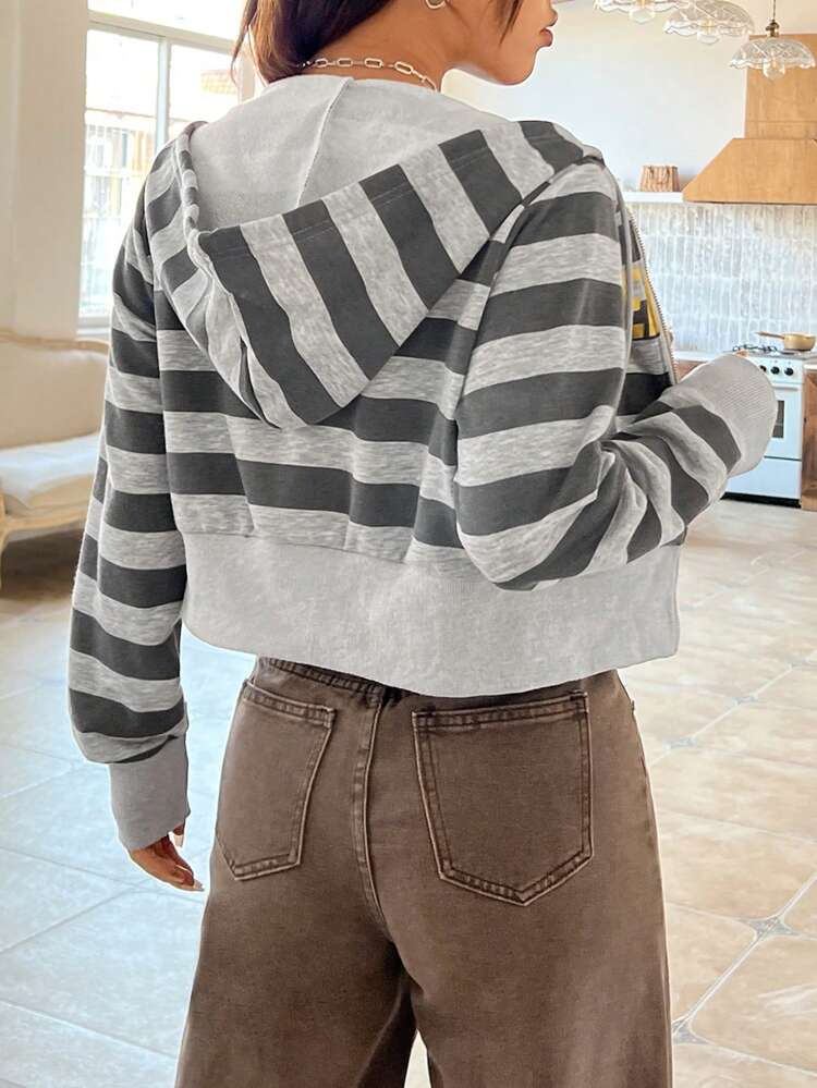 Women's Striped Hoodie With Letter Print And Drawstring