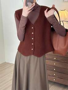 Chaleco De Suéter Marrón Café Con Cuello En V Elegante Para Otoño E Invierno - Café integral - Ver 3