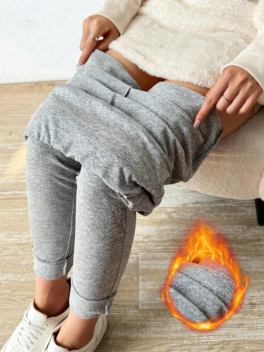 SHEIN Essnce Solid Thermal Lined Leggings - Grey - View 1