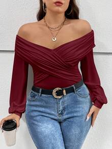 SHEIN Privé Plus Size Off-shoulder Lantern Sleeve T-shirt - Burgundy - View 4