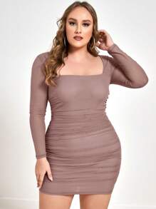 SHEIN Privé 大碼素色百褶洋裝 - 乾枯玫瑰色 - 查看 5