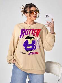 Bigg with 2Gs Women's Plus Size Round Neck Cartoon & Letter Print Drop Shoulder Sweatshirt - Apricot - View 1