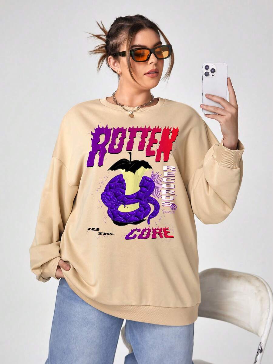 Bigg with 2Gs Women's Plus Size Round Neck Cartoon & Letter Print Drop Shoulder Sweatshirt - Apricot - View 1