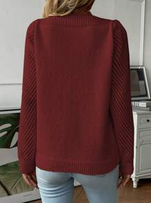 SHEIN Essnce 女款泡泡袖空心針織毛衣 - 酒紅色 - 查看 2