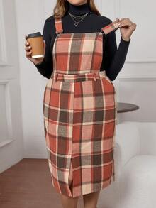 SHEIN LUNE 女式大码格子斜口袋连衣长裙 - 橘色 - 查看 6