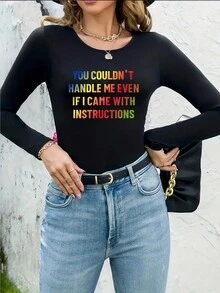 SHEIN LUNE Letter Printed Bodysuit - Black - View 1