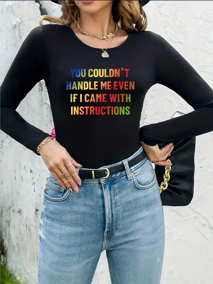 SHEIN LUNE Letter Printed Bodysuit - Black - View 1