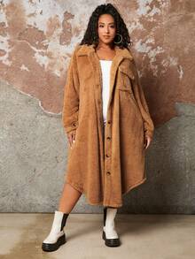 SHEIN CURVE+ Women's Camel-colored Plus Size Front Button Coat - Camel - View 5
