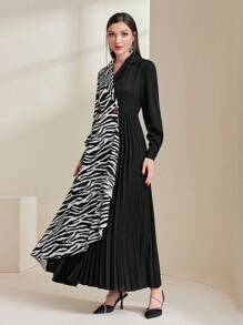 Modelyn Mô hình ngựa vằn Khối màu Xếp li Dài Đầm - Đen và trắng - Xem 3