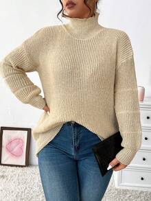 Celure Suéter De Color Sólido De Talla Grande Con Cuello Alto Y Hombros Caídos - Albaricoque - Ver 5