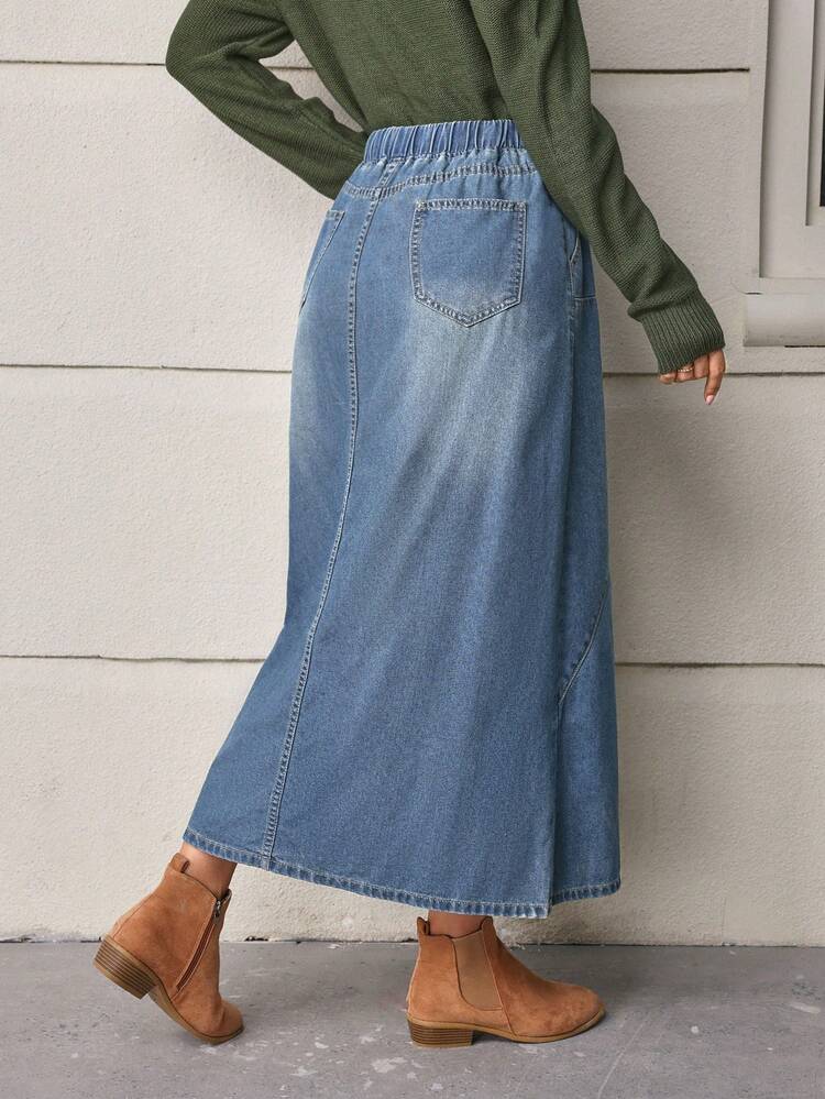 Women's Denim Skirt With Drawstring Waist And Side Slits